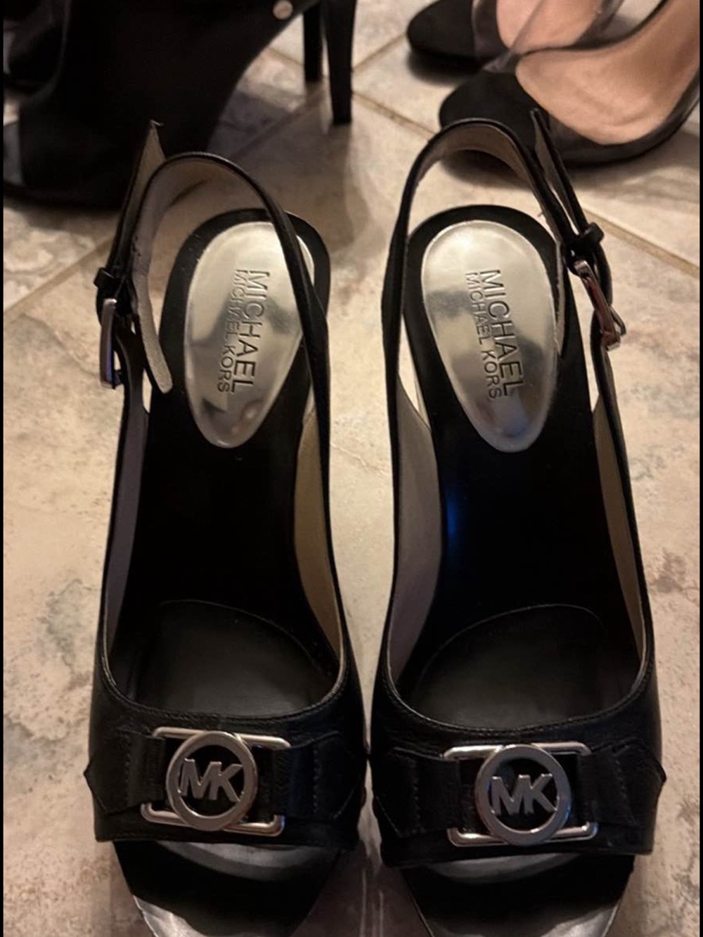 MICHAEL Michael Kors Black Leather MK Logo Slingback Peep-Toe Heels